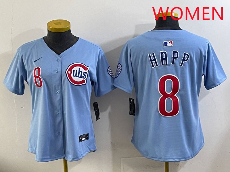 Women 2025 Chicago Cubs #8 Happ Light Blue Throwback Game Nike MLB Jersey style 1